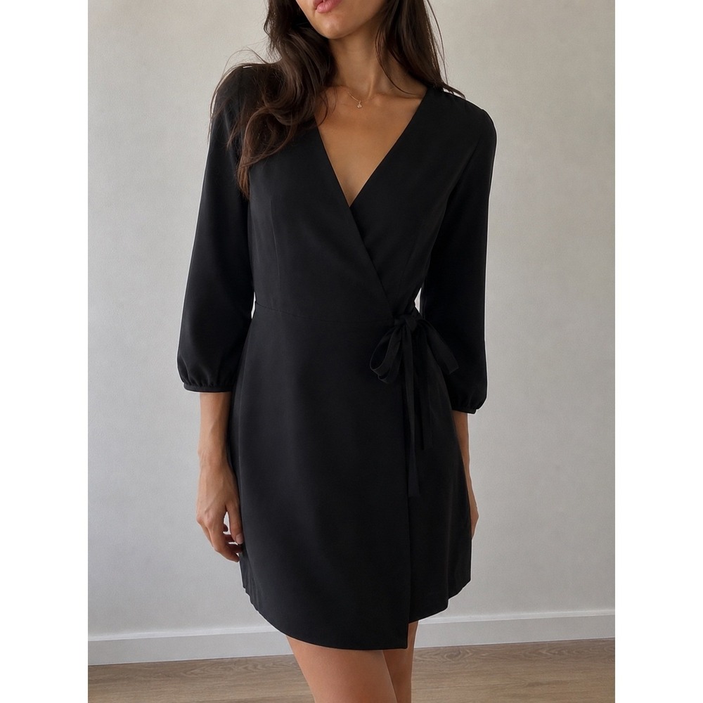 J. Crew Black Crepe Wrap Dress Tie Waist Size 10 Minimalist Classic Professional